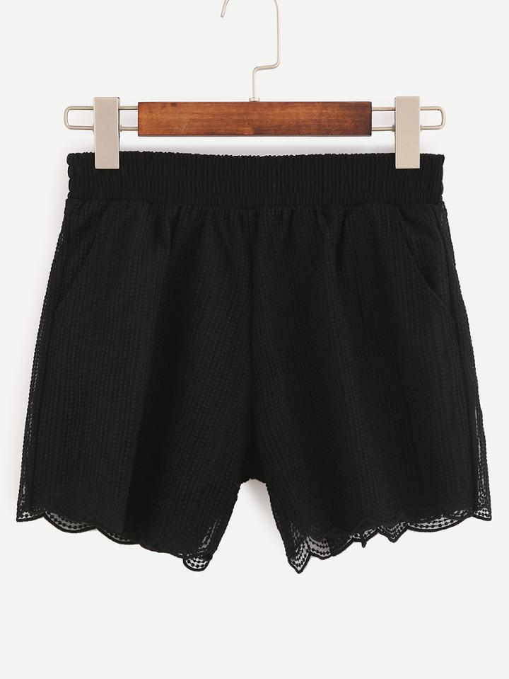 Shein Scalloped Hem Embroidered Mesh Shorts - Black