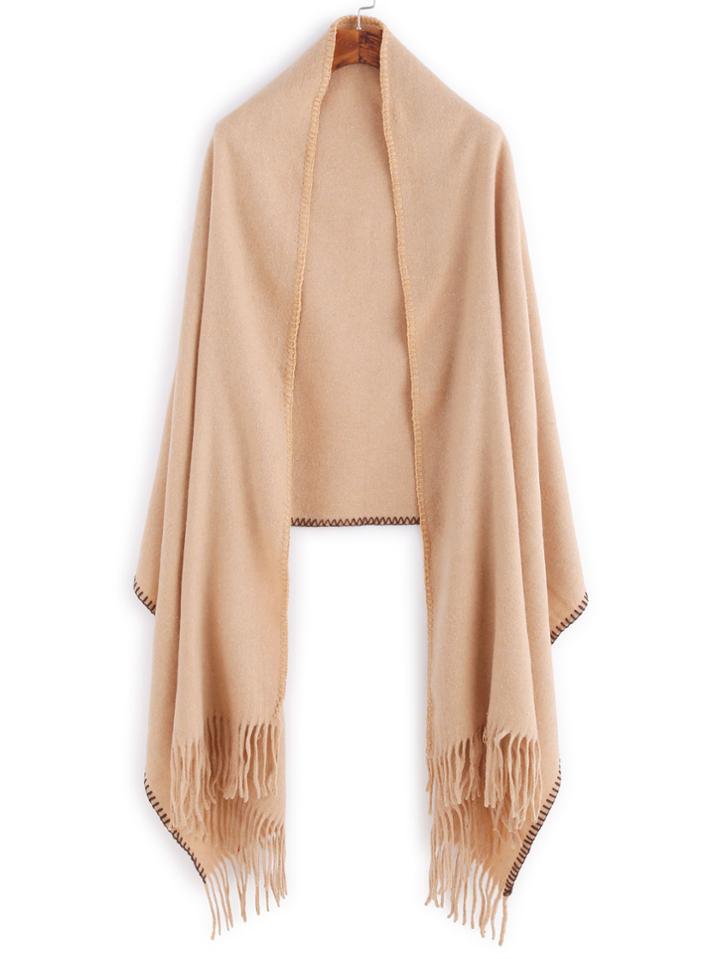 Shein Camel Whipstitch Trim Fringe Wool Scarf