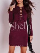 Shein Wine Red Oxblood Baggy Long Sleeve Lace Up Bodycon Dress
