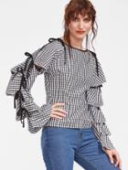 Shein Gingham Plaid Tiered Bell Sleeve Bow Tie Blouse