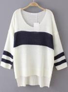 Shein White Navy V Neck Loose Dip Hem Sweater