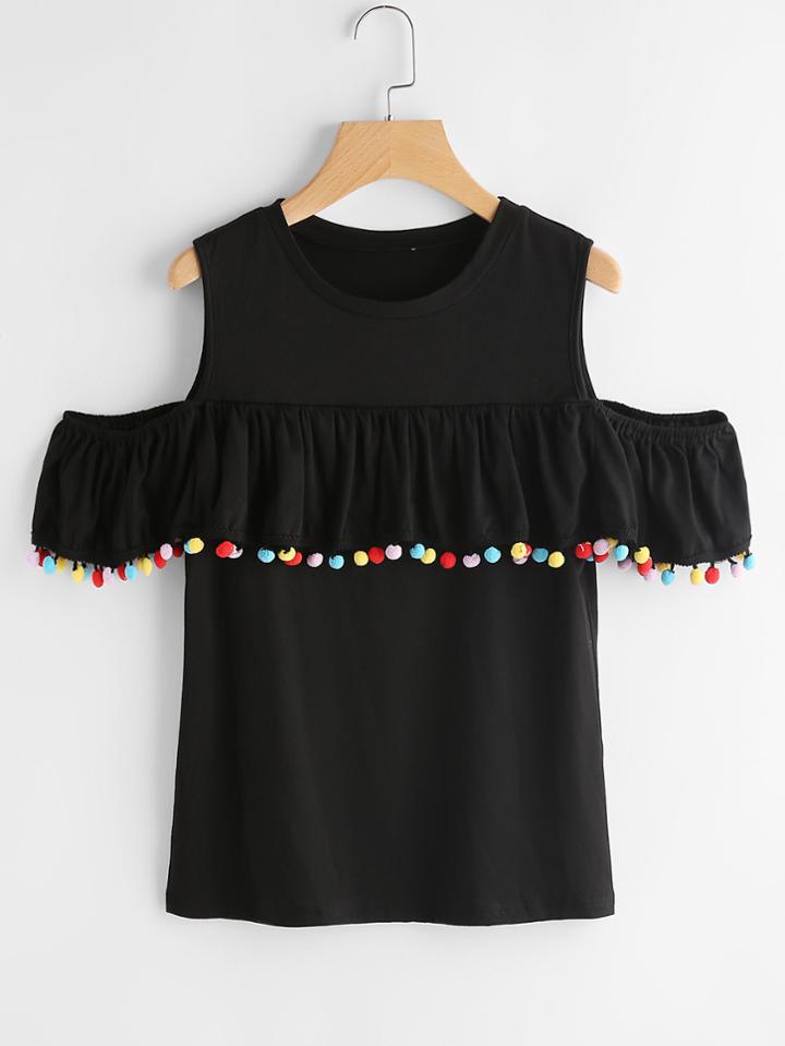 Shein Open Shoulder Frill Trim Pom Pom Tee