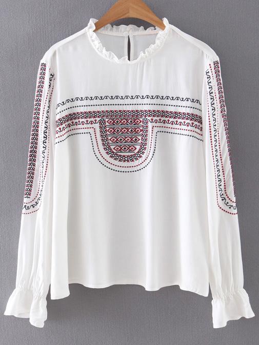 Shein White Ruffle Neck Keyhole Back Embroidery Blouse