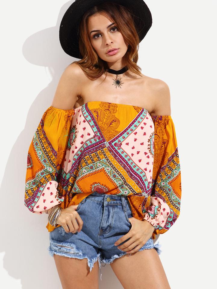 Shein Orange Off The Shoulder Puff Sleeve Tribal Print Blouse