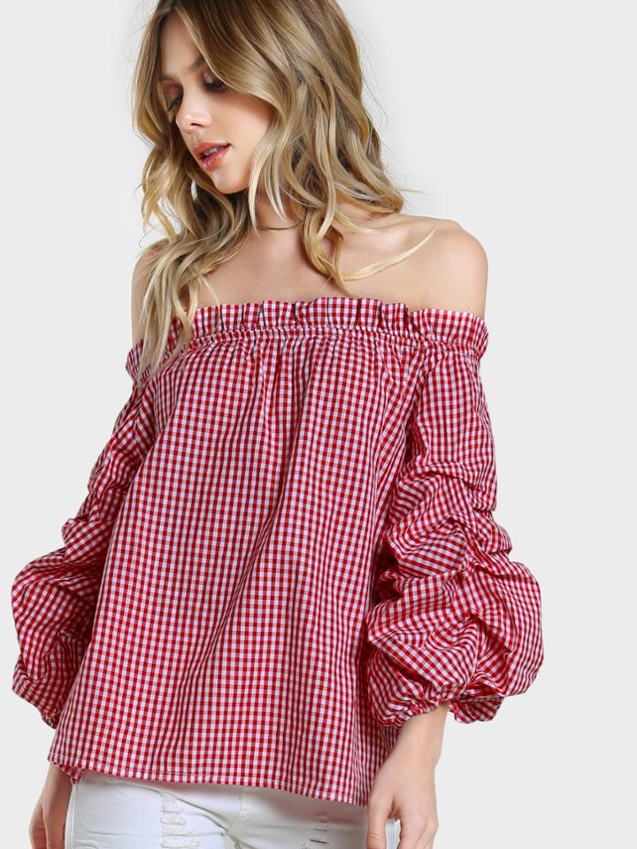 Shein Quarter Sleeve Ruffle Detail Top Red