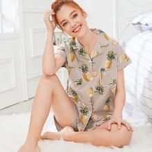 Shein Pineapple Print Shirt & Shorts Pj Set