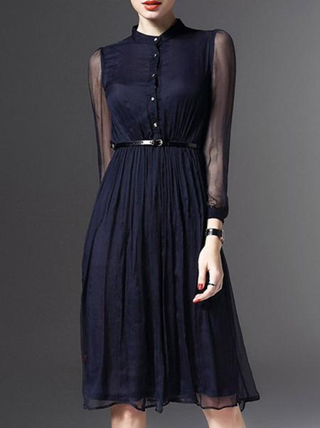 Shein Navy Crew Neck Gauze Belted A-line Dress