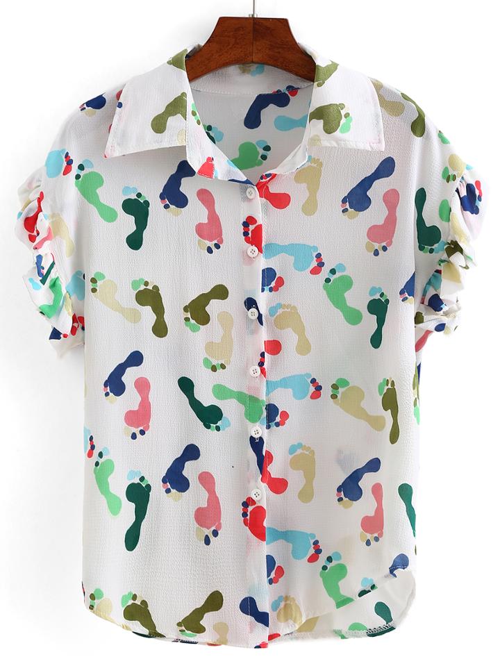 Shein Ruffled Sleeve Foot Print Blouse - White