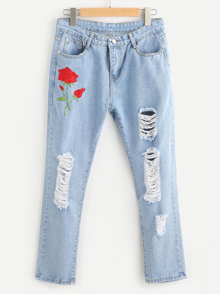 Shein Ripped Embroidered Cropped Jeans