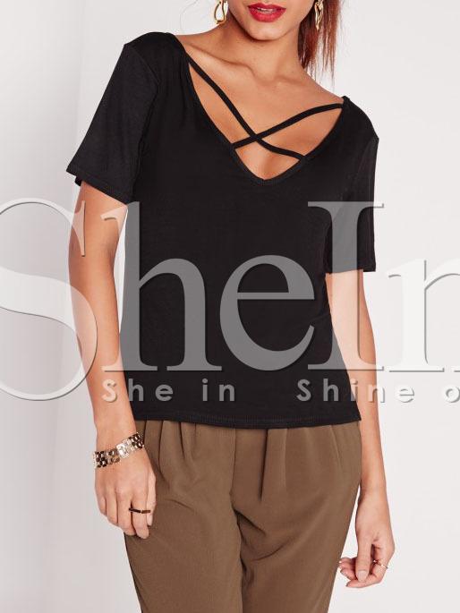 Shein Black Criss Cross Front Casual T-shirt