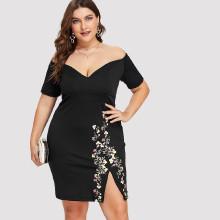 Shein Plus Off Shoulder Floral Print Split Hem Dress
