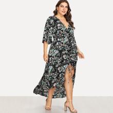 Shein Plus Floral Print Surplice Wrap Asymmetrical Dress