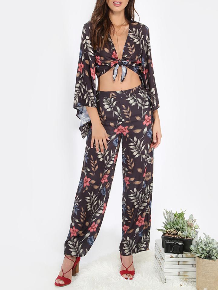 Shein Multicolor Print V Neck Bell Sleeve Twopieces