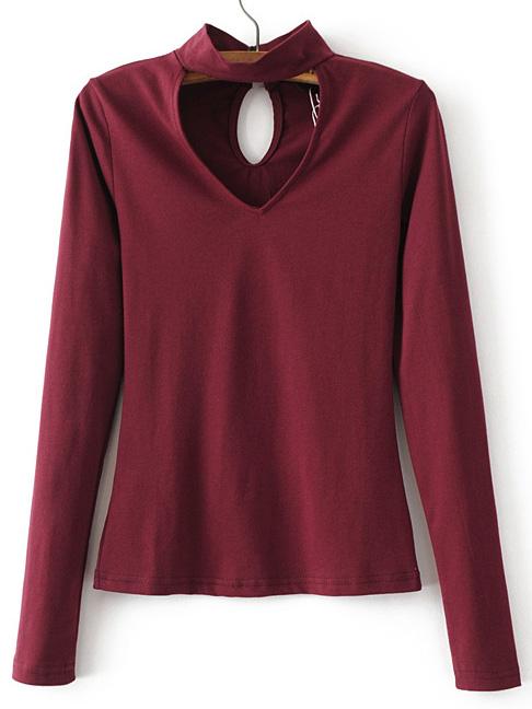 Shein Burgundy Choker V Neck Casual Top