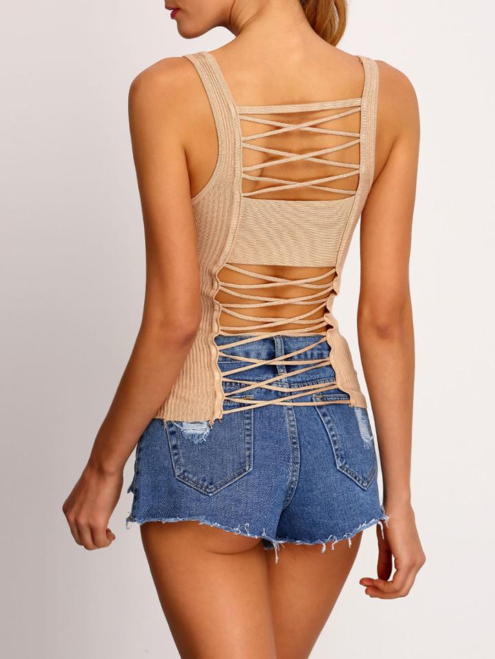 Shein Khaki Straps Ribbed Lattice-back Tank Top