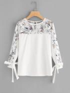 Shein Contrast Lace Knot Cuff Blouse