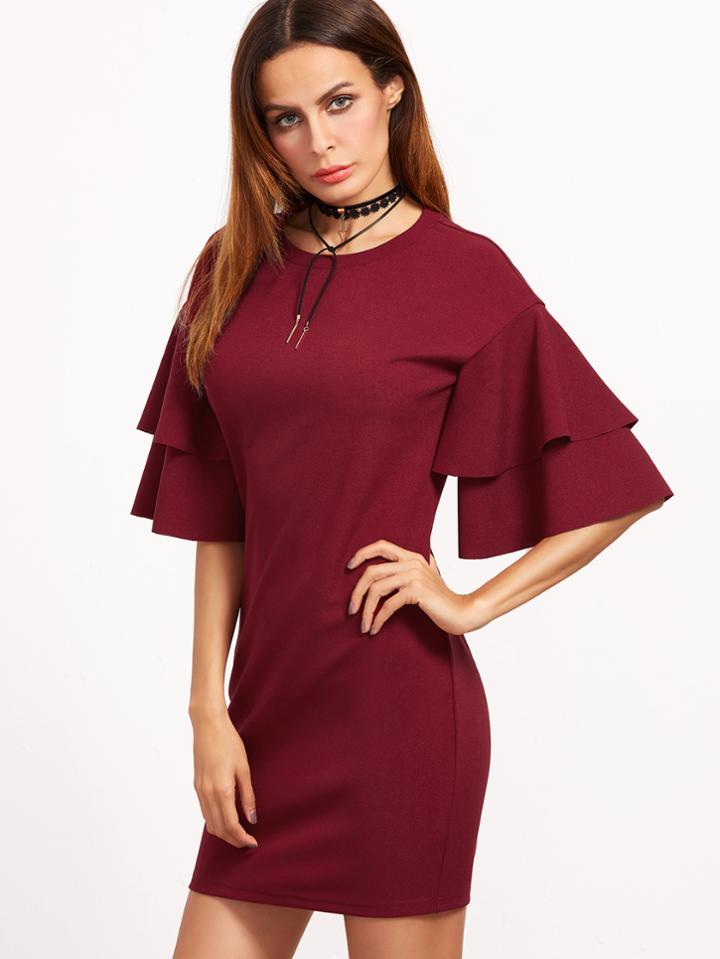 Shein Burgundy Layered Ruffle Sleeve Bodycon Dress