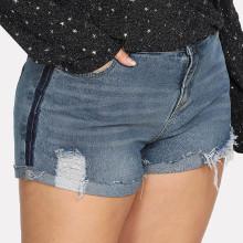 Shein Plus Color Block Cuffed Ripped Denim Shorts