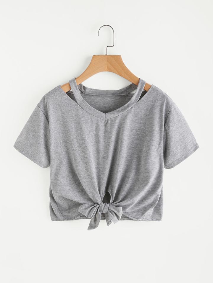 Shein Cut Out Neck Knot Front Tee