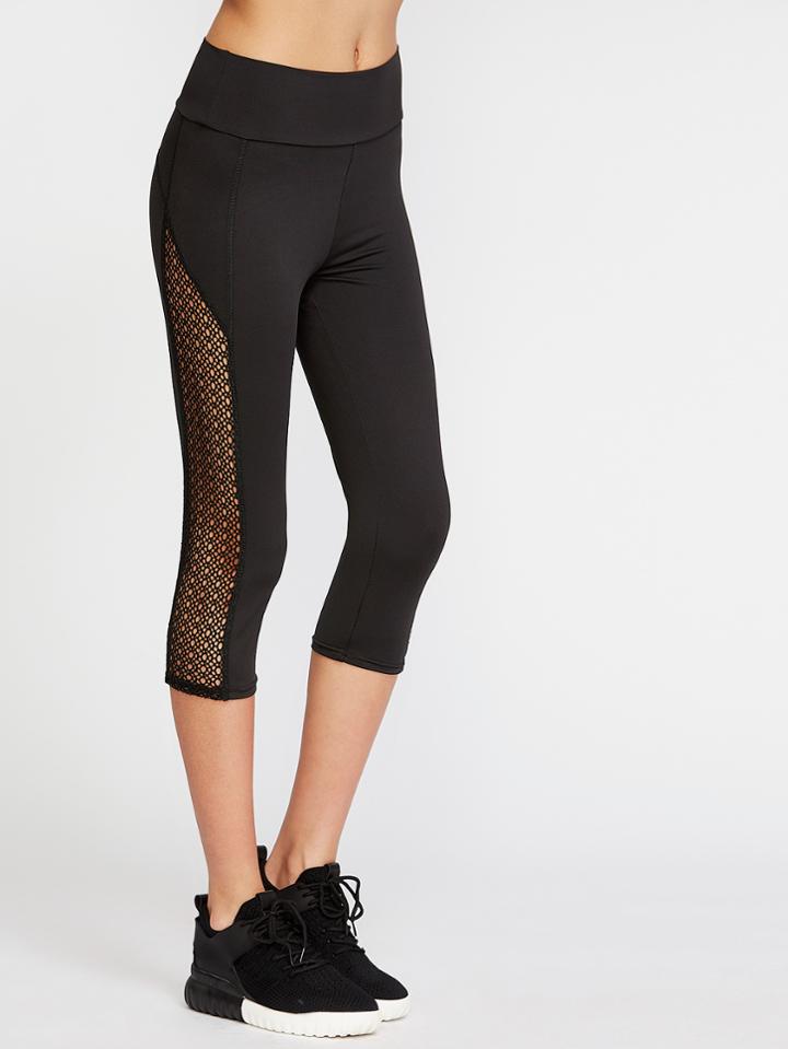 Shein Black Contrast Eyelet Lace Capri Leggings