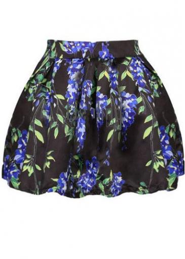 Rosewe Flower Print Pleated Black Mini Skirt