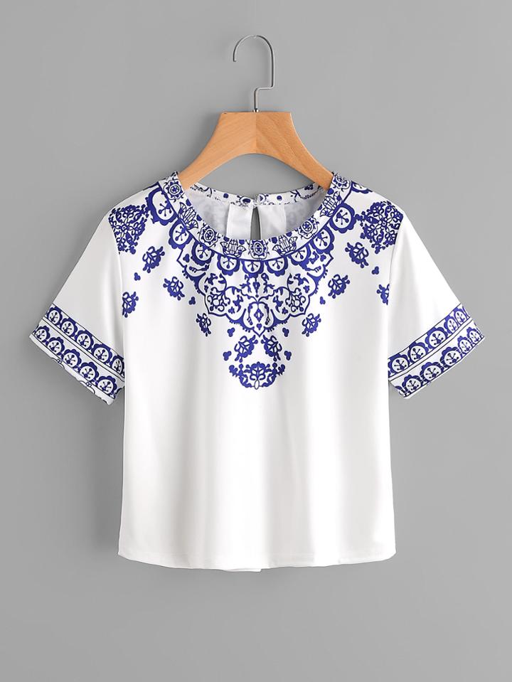 Shein Porcelain Print Keyhole Back Tee