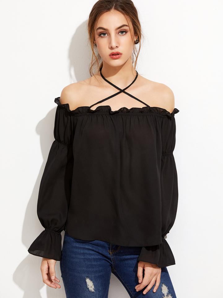 Shein Black Halter Criss Cross Front Ruffle Top