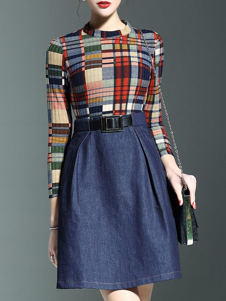 Shein Color Block Belted Pockets A-line Combo Dress