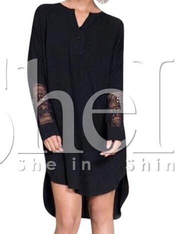 Shein Black Round Neck With Lace High Low Dress