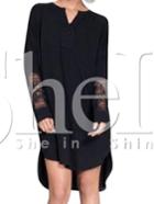 Shein Black Round Neck With Lace High Low Dress