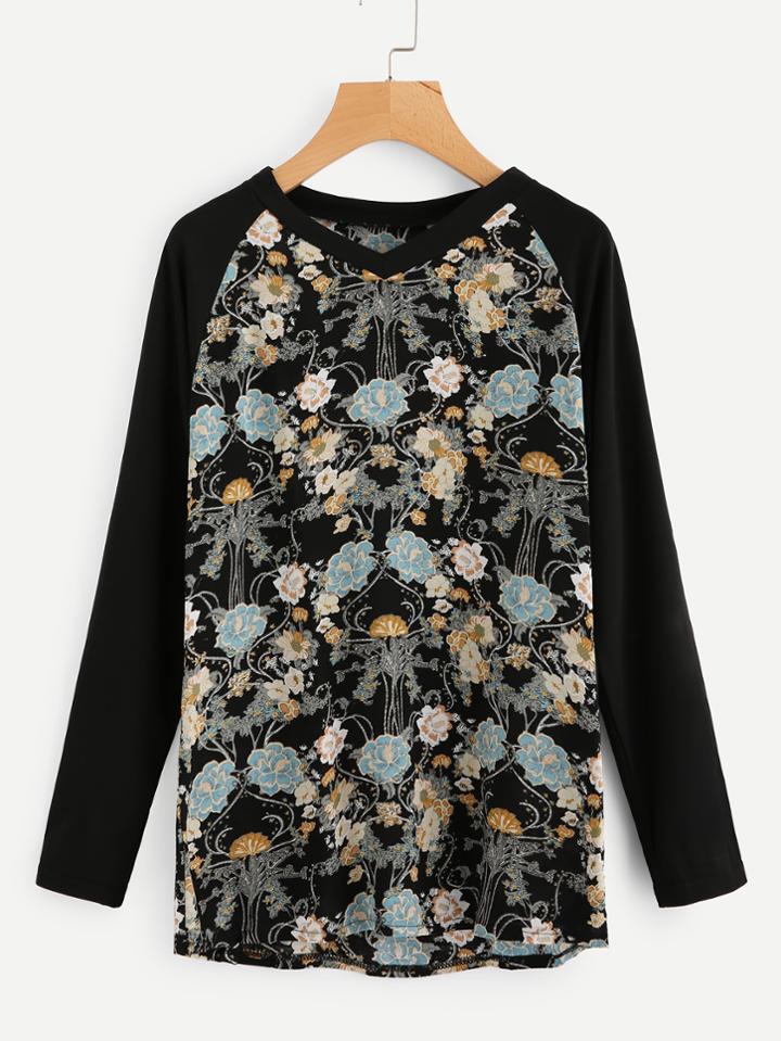 Shein Raglan Sleeve Floral Print Tee
