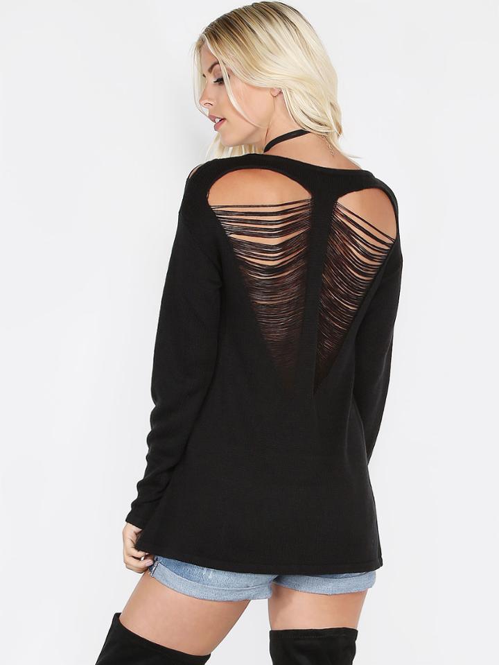 Shein Black Heart Ripped Back Drop Shoulder Sweater