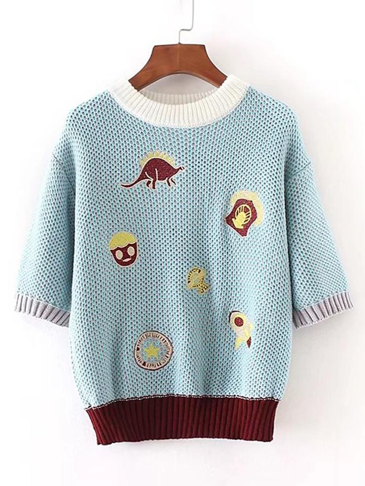 Shein Contrast Binding Ribbed Trim Embroidery Sweater