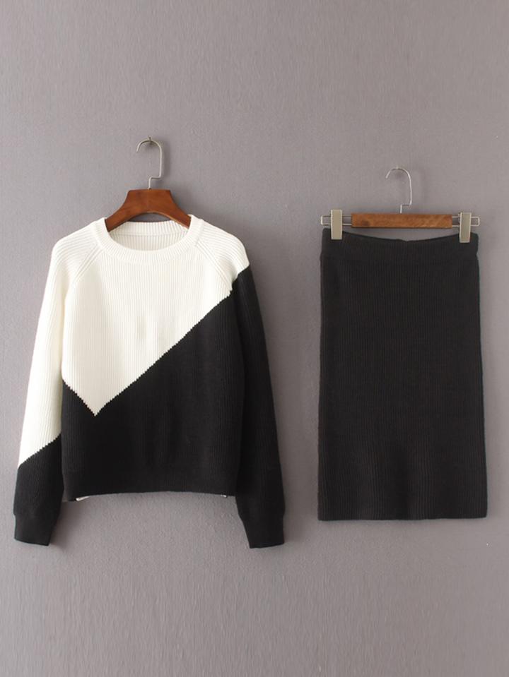 Shein Two Tone Raglan Sleeve Sweater With Skirt