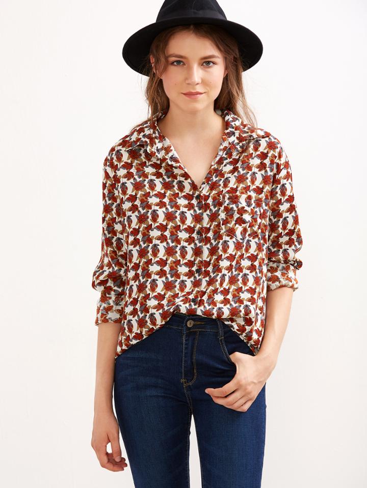 Shein Multicolor Leaf Print Curved Hem Shirt
