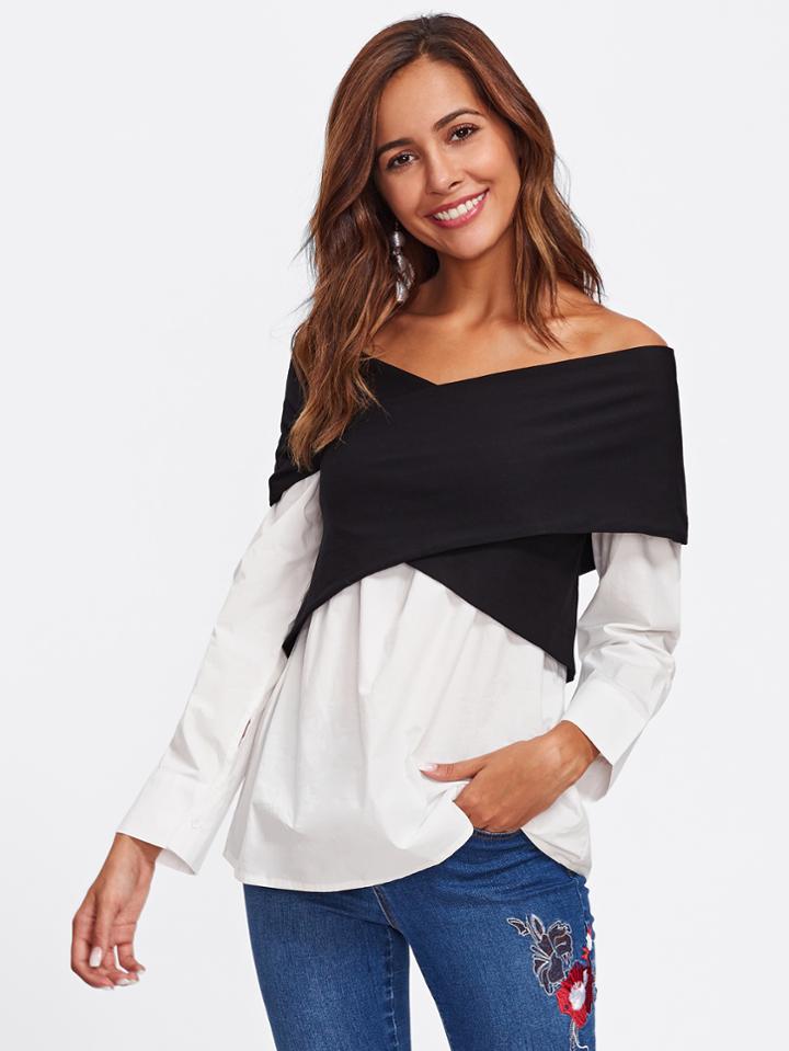 Shein Two Tone Cross Wrap Bardot Top