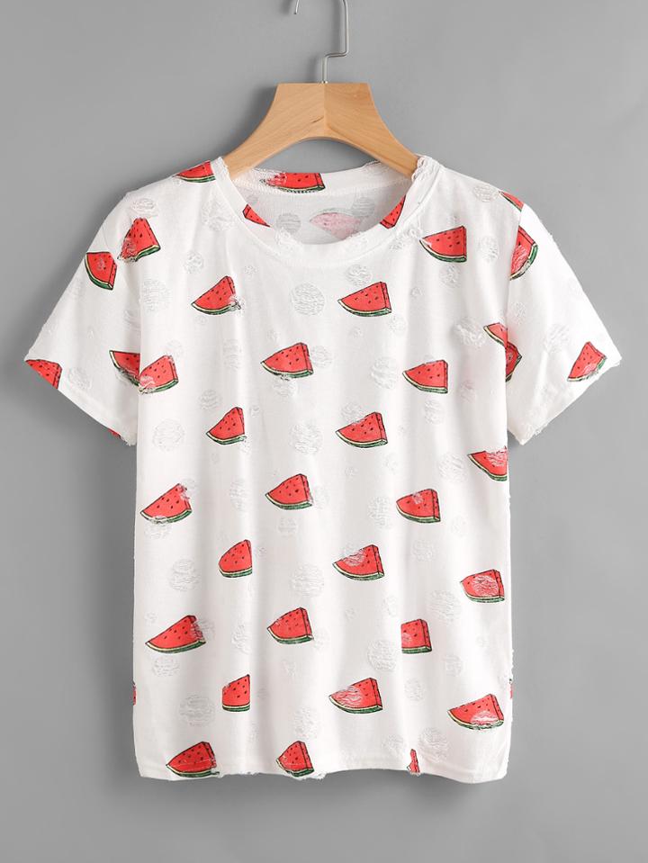 Shein Watermelon Print Frayed Jacquard Tee