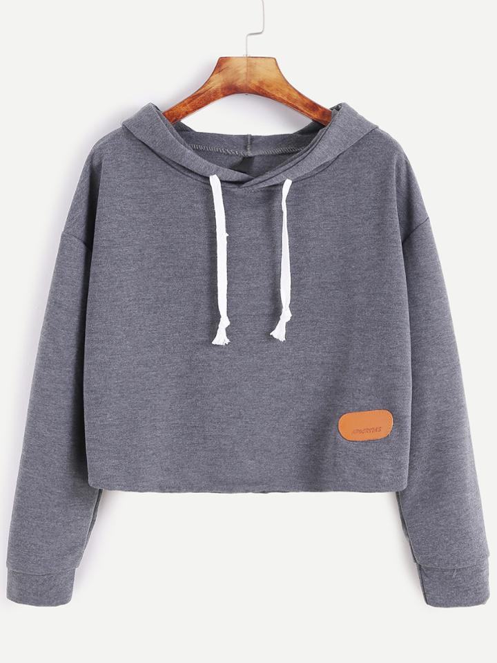 Shein Dark Grey Hooded Drop Shoulder Patch Sweatshirt
