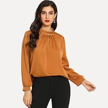 Shein Faux Pearl Beading Keyhole Back Shirt