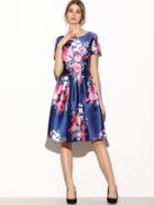 Shein Navy Flower Print V Back Box Pleated Flare Dress