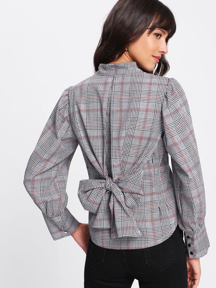 Shein Bow Tie Back Tartan Plaid Shirt