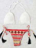 Shein Printed Side Tie Knit Bikini Set With Tassel