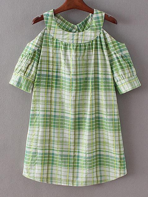 Shein Green Cold Shoulder Checked Casual Blouse