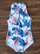 Shein White Tropical Print Zipper Up One-piece Swimwear