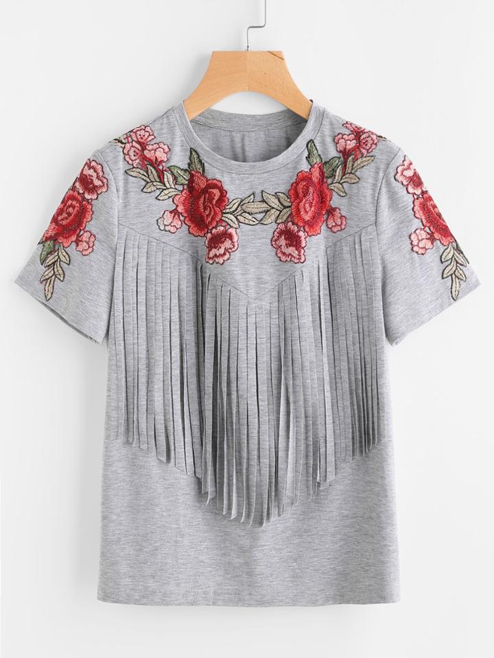 Shein Embroidered Rose Applique Fringe Trim Heathered Tee