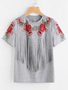 Shein Embroidered Rose Applique Fringe Trim Heathered Tee