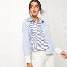 Shein Striped Asymmetric Hem Single Breasted Blouse