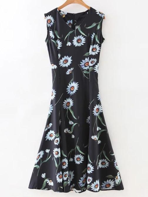 Shein Black V Neck Sleeveless Floral Midi Dress