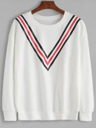 Shein White Striped Trim Drop Shoulder Seam Sweatshirt