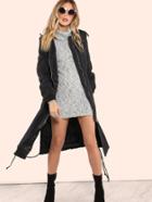 Shein Longline Detachable Hoodie Anorak Bomber Jacket Black